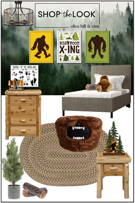 kids bedroom ideas | kids bedroom designs | kids bedroom boys | kids bedroom decor | kids bedroom ideas for boys | big foot themed bedroom Bigfoot Bedroom, Boys Outdoor Theme Bedroom, Bedroom Boys Kids, Kids Bedroom Ideas For Boys, Misty Forest Wallpaper, Outdoor Themed Bedroom, Forest Themed Bedroom, Bedroom Ideas For Boys, Boy Room Themes