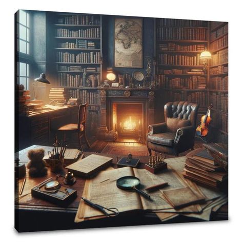 Immerse yourself in the magic of our Storytelling Inspired collection at Homearthaven.com. Each piece weaves a tale, transforming your walls into a canvas of imagination and wonder. Perfect for adding a narrative touch to your décor and sparking conversation. ✨📚 #HomeArtHaven #StorytellingInspired #interiordecor #homeinspiration #saynotoemptywalls #CanvasArt #WallArt #Art #ArtEnthusiasts #HomeDecor Old Library Room, Library Room Decor, Vintage Study, Gentlemans Study, Library With Fireplace, Old Book Art, Violin Case, Study Decor, Library Room