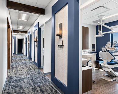 Dental office lobby Blue Dental Office, Dental Office Hallway, Dental Office Lobby, Dental Office Color Schemes, Dental Office Front Desk Design, Spa Office Design, Medical Office Reception Desk, Dental Operatory Design, Condo Lobby Design