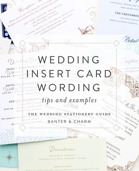 So you’ve tackled your wedding invitation wording, figured out your RSVP by date and reply card wording, and decided whether you need a reception card or not. But where do you put your wedding website? And what about hotel accommodations, directions, and the welcome dinner details? Getting overwhelmed? Don’t worry! Today I’m going to share ... Read More about Insert Card Wording Samples | The Wedding Stationery Guide Wedding Invitation Details Card Wording, Rehearsal Dinner Invitations Wording, Reception Invitation Wording, Dinner Invitation Wording, Wedding Invitation Details Card, Wedding Invitation Inserts, Wedding Wording, Traditional Wedding Invitations, Wedding Details Card