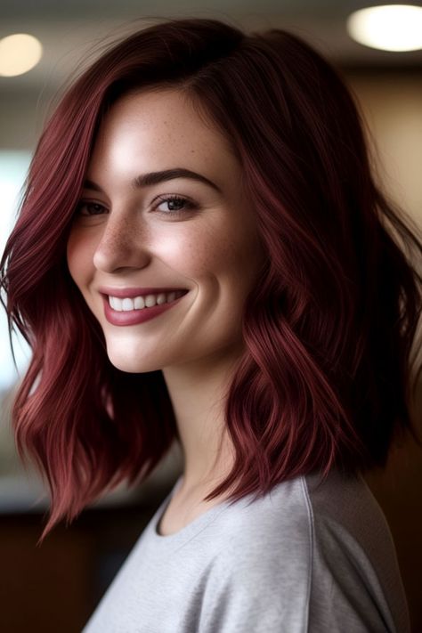 Burgundy Auburn medium-length long bob Auburn Purple Hair, Auburn Hair Colour, Cherry Cola Hair Color, Cherry Cola Hair, Brown Hair Color Shades, Golden Blonde Hair, Caramel Balayage, Colour Trends, Hair Color Auburn