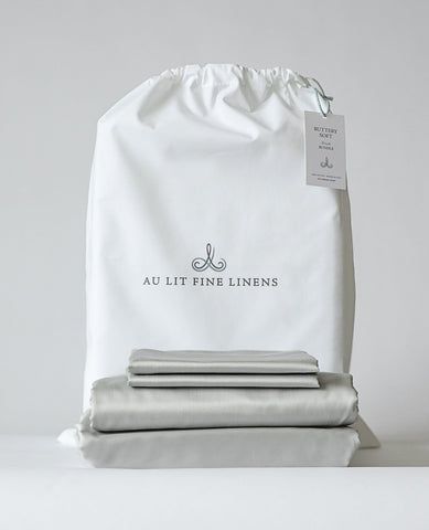 100% Cotton PJ Set White/Navy | Au Lit Fine Linens Sheet Packaging Design, Bedding Packaging Design, Bedsheet Packaging Ideas, Bed Sheet Packaging, Bedsheet Packaging, Bed Sheets Design, Bedding Packaging, Sheet Packaging, Hotel Linen