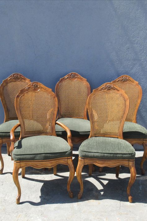 Drexel Vintage French Provincial Cane Back Chairs for Rent Vintage Cane Back Dining Chairs, Cane Chairs Dining Room, Boho Chairs, French Provincial Dining Room, Cane Chairs, Dining Room Victorian, Girl Math, Cane Back Chairs, Dining Room French