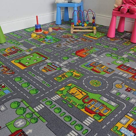 Children's Play Village Mat Town City Roads Rug 140cm x 200cm (4'7" x 6'7") If your child is into their toy car and enjoy role play, it doesn't get much better that this jumbo sized play town mat. Available in a number of different sizes to fit most rooms.  *affiliate* Play Village, Car Town, Car Play Mats, Road Rug, Road Kids, Playroom Rug, Play Rug, Childrens Playroom, Childrens Rugs