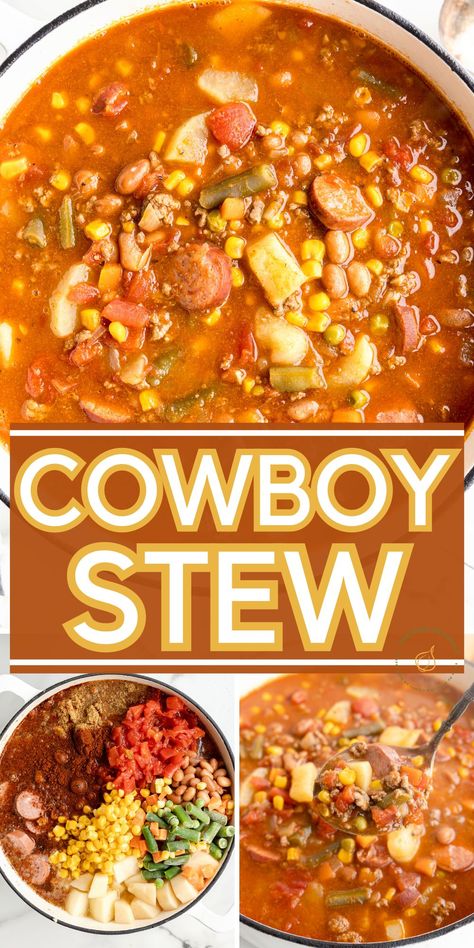 Cowboy Stew is a hearty stew recipe (also called Texas Cowboy Stew) loaded with beef, kielbasa sausage, beans, and russet potatoes for a filling meal. It's the perfect comfort food for cold days and a one-pot meal! Food For Cold Days, Creamy Beef Stew, Beef Kielbasa, Cowboy Stew Recipe, Texas Cowboy Stew, Sausage Beans, Dinner Soup Recipes, Cowboy Stew, Flexitarian Recipes