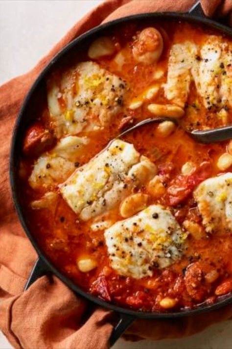 Cod And Chorizo Recipes, Cod Stew, Chorizo Stew, Frozen Fish, Chorizo Recipes, Uk Food, Bbc Food, One Pot Dinner, Bean Stew