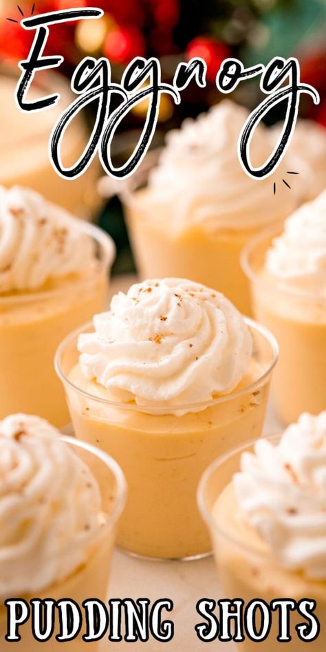 Eggnog Pudding Shots, Eggnog Pudding, Pudding Shot Recipes, Jello Pudding Shots, Spiked Eggnog, Christmas Shots, Pudding Shots, Sugar Free Pudding, Jello Shot Recipes