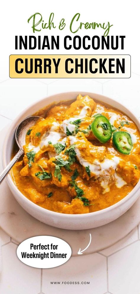 Perfect for weeknight dinners, this Creamy Indian Coconut Curry Chicken is so quick and easy to make! Aromatic spices like curry powder, turmeric, and cayenne pepper mix with rich coconut milk for an irresistibly creamy sauce. Serve it with steamed basmati rice, naan bread, paratha, or roti. This delicious chicken curry also pairs well with a tangy cucumber salad or beans stir fry. Great family friendly meals or for special occasions. Find the full coconut chicken curry recipe on my blog! Easy Coconut Curry Sauce, Beginner Curry Recipes, Indian Food Curry, Goan Coconut Curry, Yellow Curry Powder Recipes, Curry Sauce For Chicken, Curry Dishes Indian, Curry Powder Recipes Chicken, Easy Chicken Curry Recipe Coconut Milk