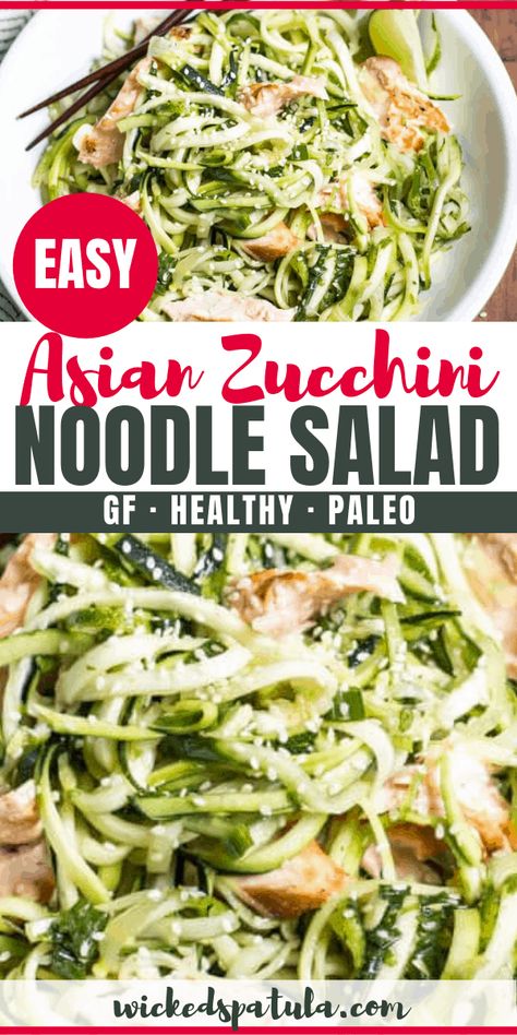 Asian Cold Zucchini Noodle Salad Recipe With Salmon | Wicked Spatula Recipe With Salmon, Salmon And Zucchini, Salmon Zucchini, Zucchini Noodle Salad, Easy Paleo Dinner Recipes, Zucchini Noodles Salad, Sweet Salads, Noodles Salad, Appetizing Food