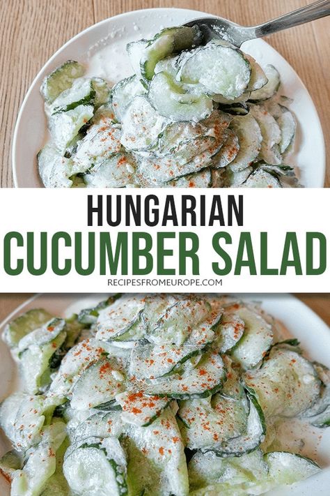 Looking for a Hungarian cucumber salad recipe? This creamy cucumber salad with sour cream and paprika is very easy to make and always a crowd pleaser! #cucumbersalad #hungarianrecipes Paprikash Chicken, Hungarian Cucumber Salad, Salad With Sour Cream, Cucumber Salad Recipes, Paprikash Recipe, Hungarian Chicken, Great Salad Recipes, Chicken Paprikash, Cucumber Salad Recipe