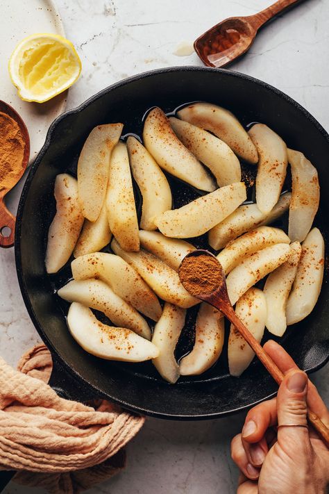 Sautéed Pears, Pear Pancakes, Waffles And Ice Cream, Baked Pears, Sliced Pears, Porridge Recipes, Minimalist Baker, Spiced Pear, Cooked Breakfast