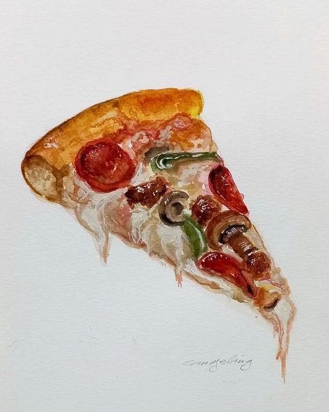 Pizza Drawing, Watercolor Food Illustration, Food Art Painting, Pizza Art, Vintage Cats, Food Artists, Gouache Illustrations, Watercolor Food, Food Painting