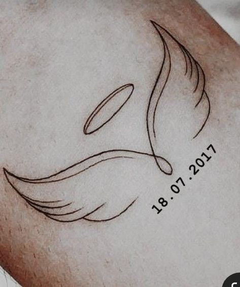 Date Tattoo Ideas With Angel Wings, Angel Wings With Dates Tattoo, Angel And Date Tattoo, Angel With Date Tattoo, Angel Date Tattoo, Angel Wing With Date Tattoo, Angel Wings Date Tattoo, Date With Wings Tattoo, Letter With Halo Tattoo