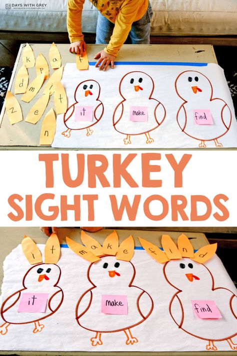 Kindergarteners practice spelling and sight words with paper turkeys November Sight Word Activities, Turkey Sight Words, November Kindergarten Activities, Kindy Classroom, Sight Word Practice Kindergarten, Paper Turkeys, Turkey Kindergarten, Thanksgiving Learning, Thanksgiving Literacy