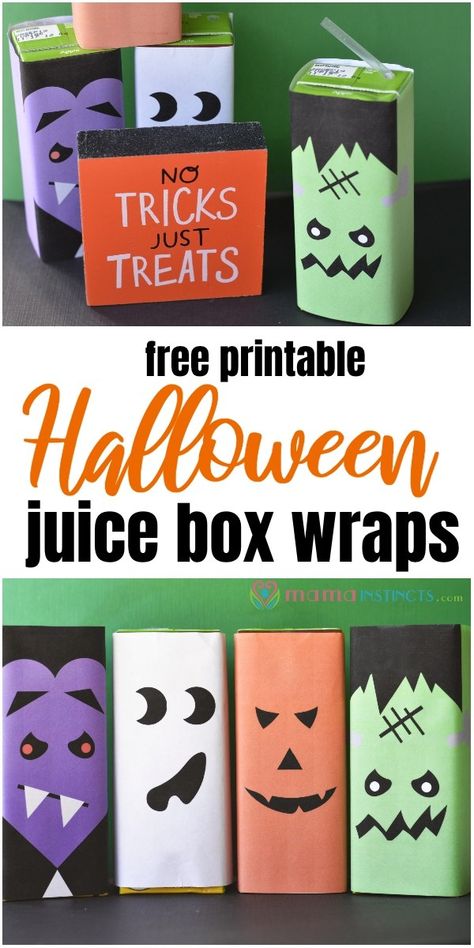 Make your Halloween season more spooky and fun with these FREE printable juice box covers. You don't even have to enter your email to download them! #halloween #halloweenparty #mamainstincts #halloweenactivity Juice Box Monsters, Halloween Apple Juice Boxes, Monster Juice Boxes, Frankenstein Juice Boxes, Juice Box Mummies, Ghost Juice Boxes, Halloween Juice Pouch Ideas, Halloween Capri Sun Ideas, Mummy Juice Boxes Halloween