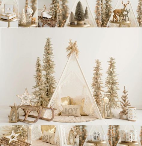 Gold Christmas Teepee Christmas Photo Shoot, Set Natale Photo, Christmas Photoshoot Kids, Holiday Photography Backdrops, Christmas Mini Shoot, Christmas Studio, Christmas Baby Pictures, Backdrops Kids, Christmas Photo Props