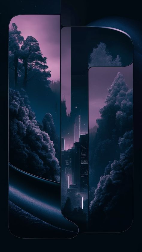 Immerse yourself in a captivating dark aesthetic with this Android wallpaper, where a misty forest scene blends seamlessly into a distant, neon-lit cityscape. Towering trees are silhouetted against a deep purple sky, creating a mysterious, moody atmosphere. The color palette of midnight blue, deep purples, and black exudes a rich, enigmatic ambiance, while subtle highlights from neon lights and stars break through the darkness, adding a touch of sophistication and elegance. Perfect for a stylish, moody look, this wallpaper will enchance your device with a soothing yet intriguing vibe. Soothing Wallpapers Aesthetic, Mysterious Color Palette, Deep Purple Wallpaper, Neon Forest, Moody Atmosphere, Subtle Highlights, Misty Forest, Purple Sky, Neon Lights