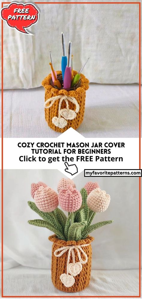 Cozy Crochet Mason Jar Cover Tutorial For Beginners Crochet Christmas Jar Covers, Mason Jar Cozies Crochet, Mason Jar Crochet Cover, Mason Jar Cozy Crochet, Crochet Jar Cozy, Crochet Mason Jar Covers Free Pattern, Crochet Mason Jar Cozy, Crochet Mason Jar Covers, Crochet Mason Jar