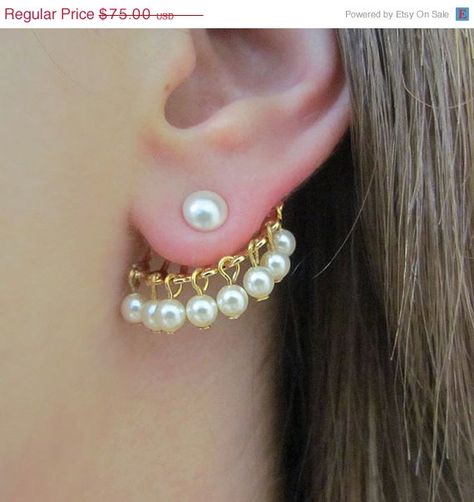 ON SALE Bridal ear Cuff Ear jacket Gold ear cuff by YaelBelDesigns Trendy Earrings Gold, Pearl Earring Jacket, Ear Jacket Earring Gold, Earring Jacket, Gold Ear Jacket, Earring Wedding, Front Back Earrings, Geode Earrings, Ear Jacket Earring