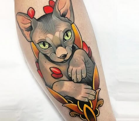 Tattoo photo - Cat tattoo by Yeray Perez Sphynx Cat Tattoo, Sphinx Tattoo, Kitten Tattoo, Hyper Realistic Tattoo, Neotraditional Tattoo, Poppies Tattoo, Symbol Of Wisdom, Wicked Tattoos, Marvel Tattoos