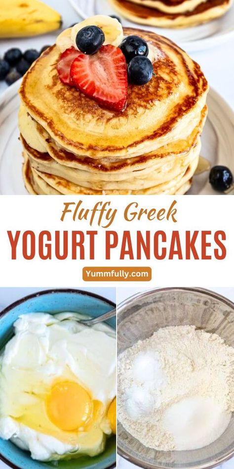 Get ready to elevate your pancake experience with these irresistibly soft and fluffy yogurt pancakes. All you need for these easy-to-make family favorites are a few pantry staples like flour, eggs, butter, yogurt, and a bit of water to achieve the perfect texture. Ready in just 30 minutes, your family will love their cloud-like texture and slightly tangy sweetness. They’re simply irresistible! Pancakes With Greek Yogurt Healthy, Egg And Yogurt Breakfast, Fluffy Greek Yogurt Pancakes, Gf Protein Pancakes, Cooking With Yogurt, Natural Yoghurt Recipes, Egg Pancakes Recipe, Plain Yogurt Recipes Breakfast, Self Rising Flour Pancakes