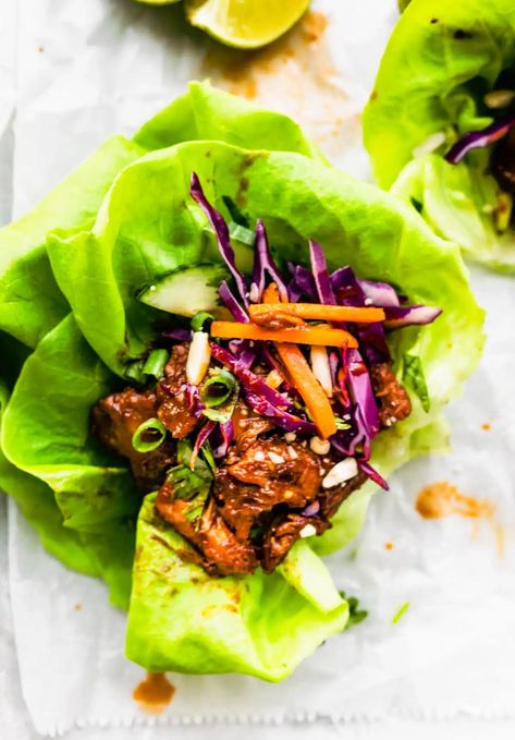 These BBQ Asian Pork Lettuce Wraps are cooked in the Instant Pot or on the stovetop and served in lettuce wraps with purple cabbage, crushed nuts, and fresh cilantro. Easy to meal prep, they’re sweet, tangy, and perfect for lunch or a light summer dinner! Pork Belly Lettuce Wraps, Bib Lettuce, Pork Loin Ribs, Light Summer Dinners, Gluten Free Bbq, Pork Wraps, How To Make Bbq, Sticky Pork, Pork Lettuce Wraps