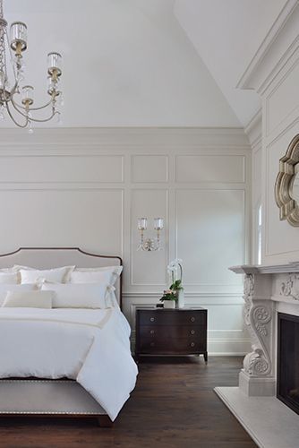 Picture Moulding Bedroom, White Wood Bed Frame Bedroom Ideas, Box Trim Bedroom, Bedroom Moulding Wall, Molding In Bedroom, Tall Ceiling Bedroom, Tall Ceilings Bedroom, Crown Molding In Bedroom, High Ceiling Bedroom