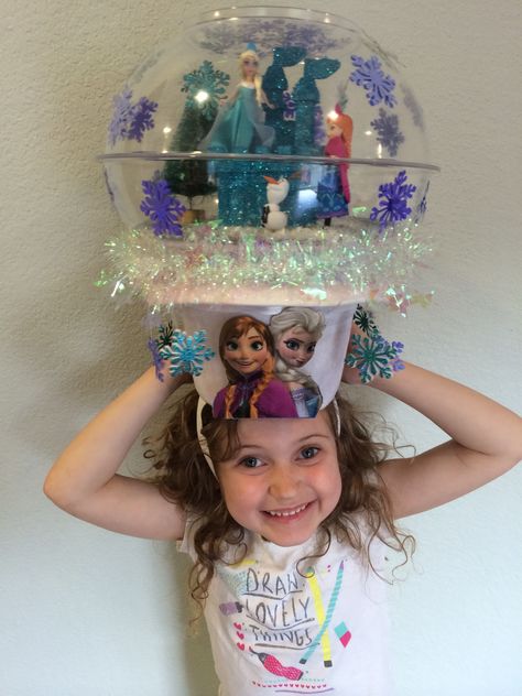 Our Frozen Crazy Hat! A "snowglobe" with Elsa, Anna and of course Olaf! Crazy Hat Day, Hat Day, Easter Hats, Elsa Anna, Easter Bonnet, Crazy Hats, Crazy Hair Days, Hat Ideas, Christmas Hat