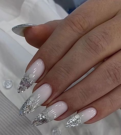 French Tips Silver, Almond Nails With Glitter, White Almond Nails, Nails With Glitter, Classy Nail, Glitter Accent Nails, Silver Glitter Nails, Acrylic Nail Set, Glittery Nails