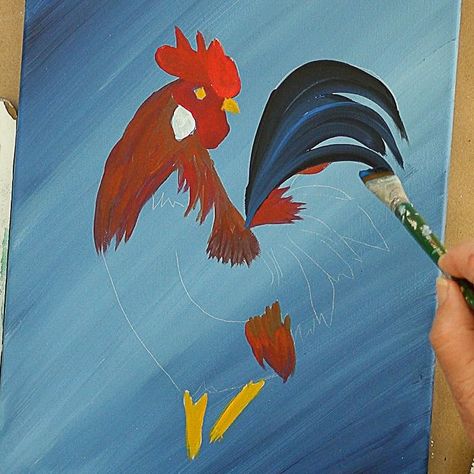 Rooster And Hen Painting, Rooster Painting Acrylic Easy, Roosters Painting, Chickens Painting, Watercolor Chickens, Rooster Paintings, Chicken Paintings, Rooster Tail, Rooster Painting