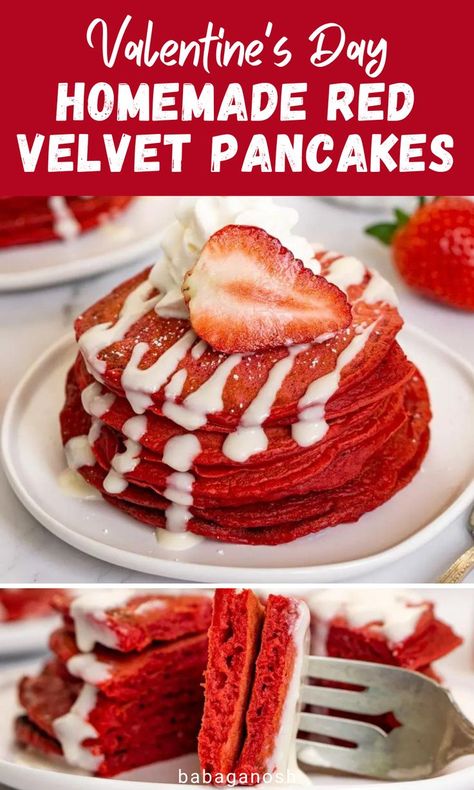 Valentine's Day red velvet pancakes with cream cheese glaze. Scratch Pancake Recipe, Red Pancakes, Hot Cocoa Powder, Pancakes With Cream Cheese, Pancakes With Cream, Cute Breakfast Ideas, Sweet Brunch, Red Velvet Pancakes, Valentines Breakfast