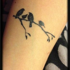 Four black small birds tattoo sitting on branch Tree With Birds Tattoo, Couple Tats, Small Bird Tattoos, Little Bird Tattoos, Family Tree Tattoo, Small Bird Tattoo, Family Tattoo Designs, Branch Tattoo, Bird Tattoos