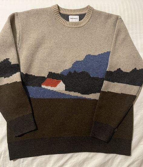 Rune Landscape Jacquard pattern knit sweater Knit Landscape, Landscape Sweater, Jacquard Sweater, Mountain Designs, Norse Projects, Men's Tops, Jacquard Pattern, Sweater Knitting Patterns, Jacquard Knit