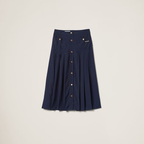 Navy Long Pleated Marocain Skirt | Miu Miu Poplin Skirt, Chambray Skirt, Cotton Midi Skirt, Latest Skirts, Knit Logo, Jersey Skirt, Pencil Skirts, Logo Label, Black Midi Skirt