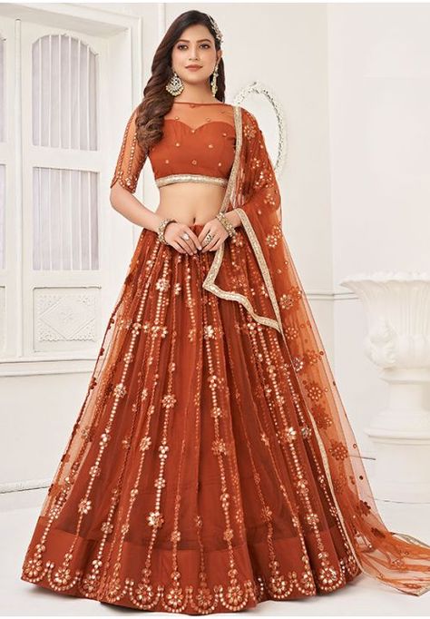 Rust Orange Embroidered Net Lehenga Choli Long Choli Lehenga, Stylish Lehenga, Lehenga Choli Latest, Net Lehenga Choli, Orange Lehenga, Bridesmaid Lehenga, Butterfly Net, Indian Lehenga Choli, Party Wear Lehenga Choli