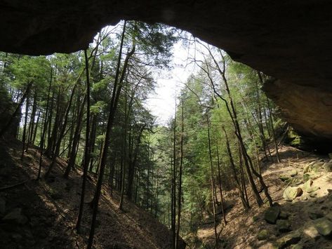 The Hemlock Bridge Trail is a one mile trek on its own, and it leads to Whispering Cave, a 300 ft.-wide cavern that many past visitors have yet to explore. Whispering Cave Trail adds nearly another half mile to the journey. Cave Waterfall, Ohio Hiking, Ohio State Parks, State Park Cabins, Hocking Hills State Park, Cuyahoga Valley National Park, Hemlock Grove, Ohio Travel, Hocking Hills