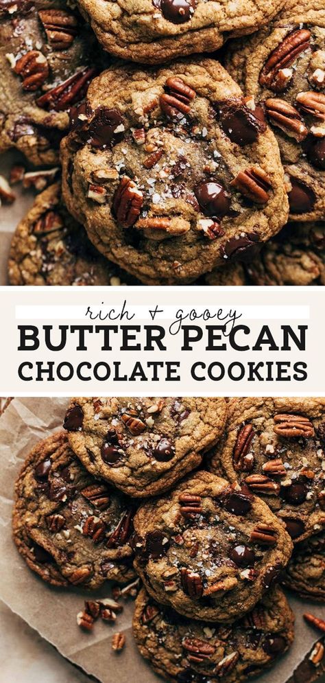 Dark Chocolate Pecan Cookies, Brown Butter Bourbon Pecan Cookies, Savory Pecans, Pecan Chocolate Chip Cookies, Gourmet Chocolate Chip Cookies, Pecan Chocolate, Brown Butter Cookies, Gooey Chocolate Chip Cookies, Chocolate Chip Pecan Cookies