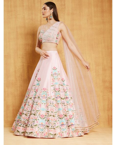 Pastel Pink and Floral Embroidered Lehenga | Chamee and Palak Baby Pink Lehenga Combination, Jewellery With Lehnga, Pastel Color Lehenga, New Trend Lehenga Designs, Pastel Pink Lehenga, Pastel Lehenga, New Lehenga, Pastel Bridesmaid Dresses, Lehenga Pattern