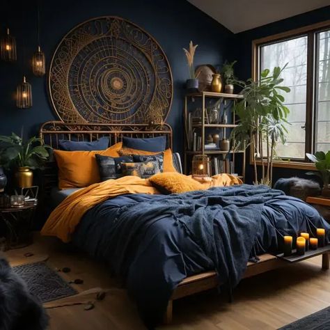 High Contrast Bedroom Ideas, Constellation Themed Bedroom, Celestial Bedroom Decor Ideas, Celestial Boho Bedroom, Boho Bedroom Design Ideas, Deep Blue Bedroom Ideas, Dark Boho Bedroom Decor, Dark Room Ideas Bedrooms, Meditative Bedroom