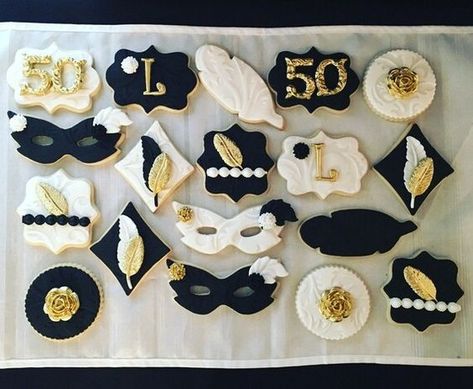 Masquerade Cookies Decorated, Masquerade Cookies, Gatsby Cookies, White Treats, Masquerade Cakes, Gatsby Birthday Party, Masquerade Ball Party, Moms 50th Birthday, Masquerade Theme