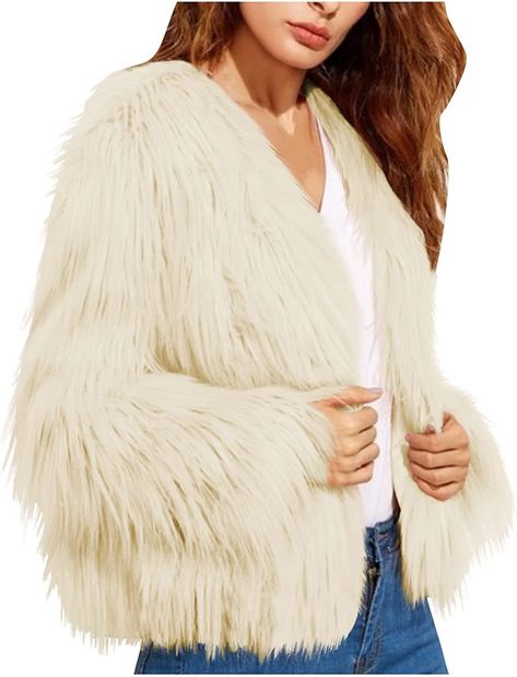 (Outfit 6) Amazon White Shaggy Faux Fur Jacket White Faux Fur Outerwear For Cold Weather, Winter White Faux Fur Coat, Elegant White Faux Fur Outerwear, Fur Vest Women, Shaggy Jacket, Winter White Faux Fur-lined Outerwear, Suede Jacket Women, Black Fleece Jacket, Fur Skirt