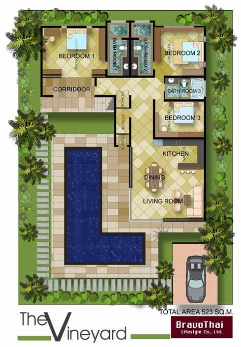 U Shaped House Plans, L Shaped House Plans, U Shaped Houses, Home With Pool, Beds Ideas, L Shaped House, Trendy House, Pool House Plans, Courtyard House Plans