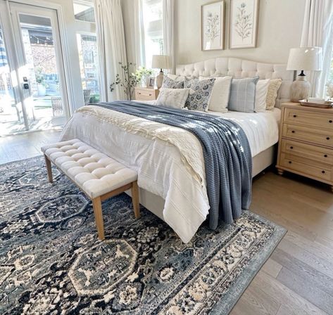 Elegant Blue And White Bedroom, Gray Bedroom With Blue Accents, Grey Walls Master Bed, White And Blue Master Bed, Blue Themed House, Lakehouse Bedroom Ideas Master Suite, White Bedroom Blue Accents, Bed In Between Two Windows, Dusty Blue Bedroom Ideas