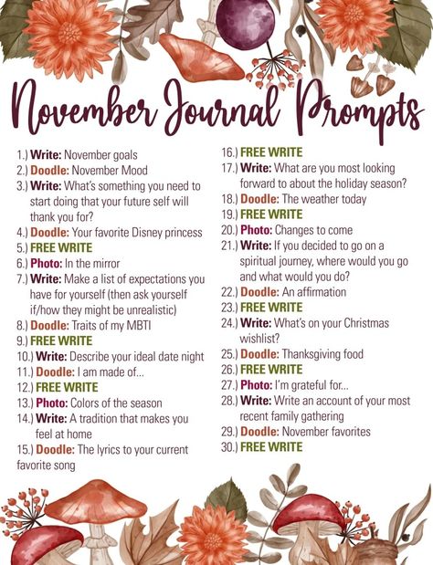 November 2021 Journal Prompts – i IMAGINE (blank) Journal Ideas For November, Creative Journal Ideas, November Writing Prompts, November Journal, November Activities, Gratitude Journal Prompts, Journal Lists, Creative Planner, Self Care Bullet Journal