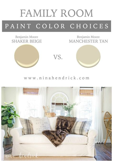 Deciding on a paint color can be tough- see how this blogger weighed the pros and cons of Benjamin Moore's Shaker Beige and Manchester Tan- and which color she ultimately decided on! Living Room Paint Beige, Benjamin Moore Manchester Tan, Shaker Beige Benjamin Moore, Shaker Beige, Manchester Tan, Interior Paint Colors For Living Room, Family Room Paint Colors, Basement Paint Colors, Best Neutral Paint Colors