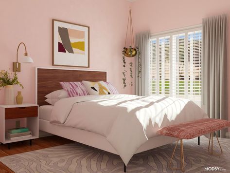 Mid-Century-Modern Bedroom In Pink | Mid-Century-Style Bedroom Design Ideas Mid Century Style Bedroom, Mural House, Mid Century Bedroom Decor, Mid Century Bedroom Design, Bed Benches, 2020 Bedroom, Pink Bedroom Design, Bedroom Inspirations Minimalist, Mid Century Bedroom