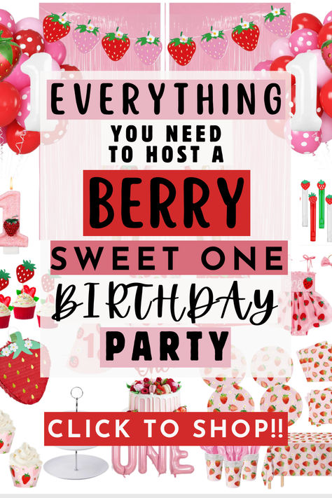 Looking to host the cutest Berry First Birthday Party? I've got you covered from invitations to balloons to party favors! It's all linked in my blog! Amazon affiliate (contains affiliate links) #amazon #amazondeals #berryfirstbirthdaypartyideas #strawberrybirthdayparty #berryfirstbirthday #sweetone #firstbirthdaypartyideas #partyideas #partythemes #girlbirthday #party #birthdayparty #1stbirthday #summerbirthday #pinkparty #red #pink #fruit #strawberries #berrysweetone #berrysweetonebirthday Raspberry Birthday Party, Berry First Birthday Smash Cake Photos, Girls First Birthday Party Ideas Summer, Strawberry Baby Birthday Party, Indoor First Birthday Party, Berry First Birthday Party Food Ideas, 1st Birthday Girl Berry Theme, First Birthday Girl September, Girl First Bday Theme