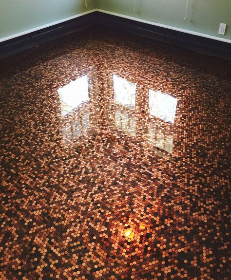 floor covered in pennies with pigmented epoxy Penny Floor Designs, Bathroom Floors Diy, Epoxy 3d, Penny Floor, Concrete Contractor, Penny Tile, Flooring Inspiration, Concrete Art, Basement Flooring