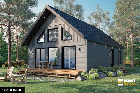 24x36 House Plans, Chalet Plan, Timber Frame Interior, Cabin Exterior, Chalet Style, Cabin House Plans, Grey Houses, Small Cottage, Cabin Life