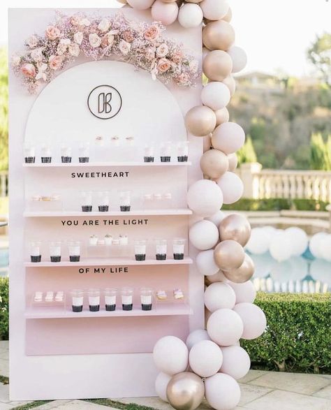 Favor Wall Display, Boba Station, Champagne Walls, Treats Business, Wedding Cart, Flower Wall Decor Diy, Candyland Party Theme, Brand Activation Ideas, Perfume Bar